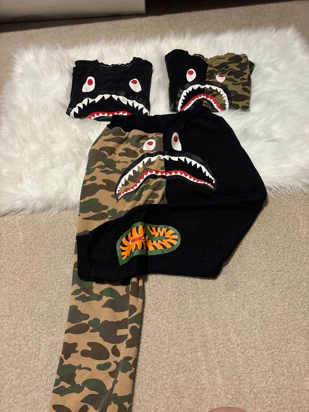 A Bathing Ape Shark Set-Camo Split Sweatpants, Colorblock T-Shirt &Logo Tee